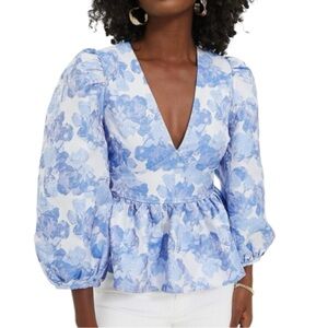 Hyacinth Tuckernuck Eleanor Floral Jacquard Peplum Blouse XXS NWT Puff Sleeve